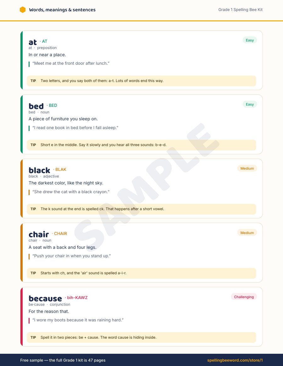 Grade 1 Spelling Bee Kit preview — Every word: meaning, sentence & spelling tip
