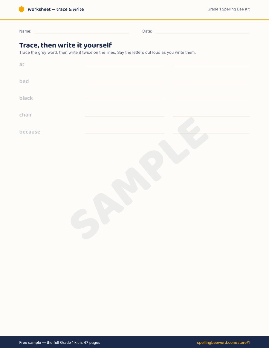 Grade 1 Spelling Bee Kit preview — Trace-and-write worksheet