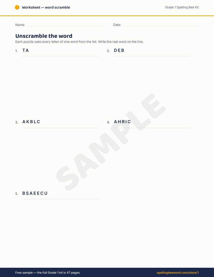 Grade 1 Spelling Bee Kit preview — Word scramble puzzle