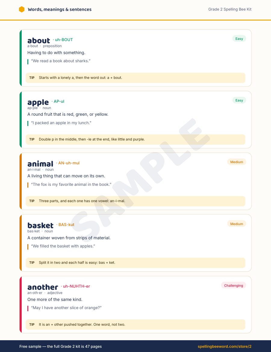 Grade 2 Spelling Bee Kit preview — Every word: meaning, sentence & spelling tip