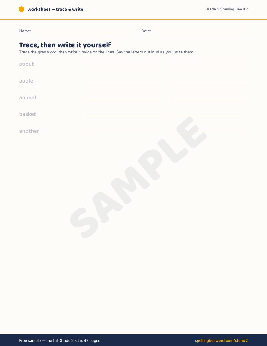 Grade 2 Spelling Bee Kit preview — Trace-and-write worksheet