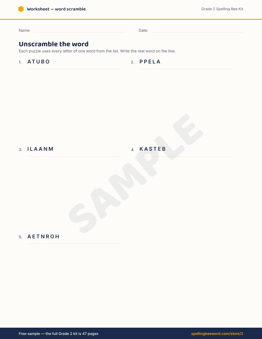 Grade 2 Spelling Bee Kit preview — Word scramble puzzle