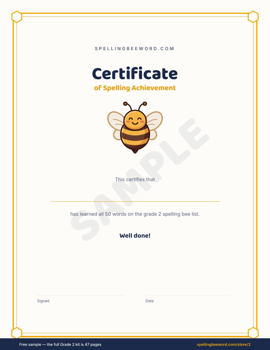 Grade 2 Spelling Bee Kit preview — Award certificate