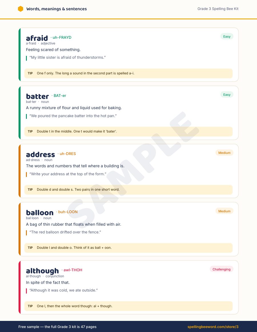 Grade 3 Spelling Bee Kit preview — Every word: meaning, sentence & spelling tip