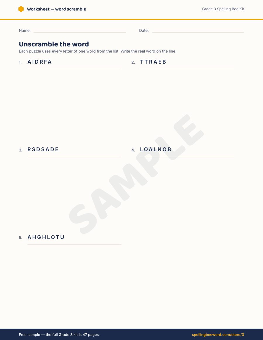 Grade 3 Spelling Bee Kit preview — Word scramble puzzle