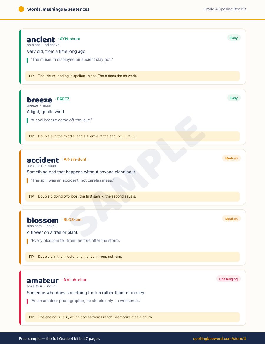 Grade 4 Spelling Bee Kit preview — Every word: meaning, sentence & spelling tip