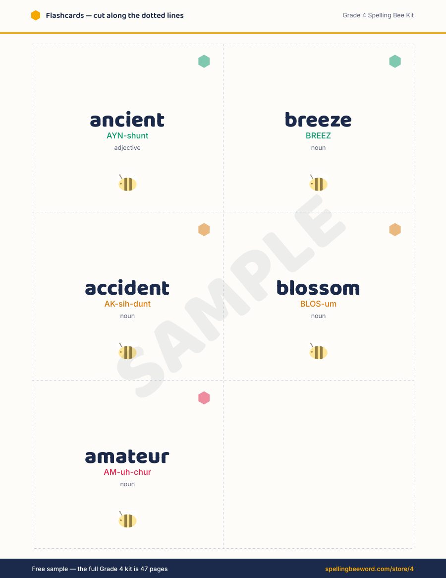 Grade 4 Spelling Bee Kit preview — Cut-out flashcards