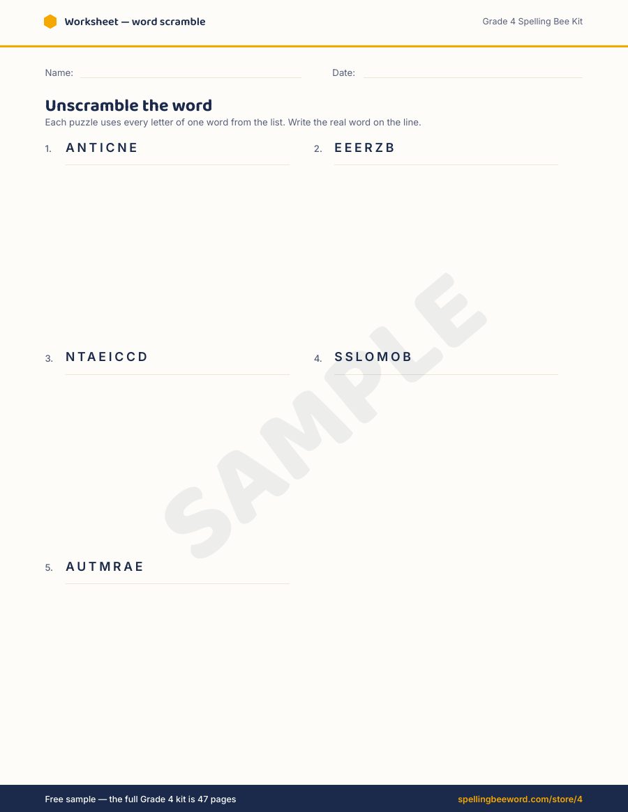Grade 4 Spelling Bee Kit preview — Word scramble puzzle