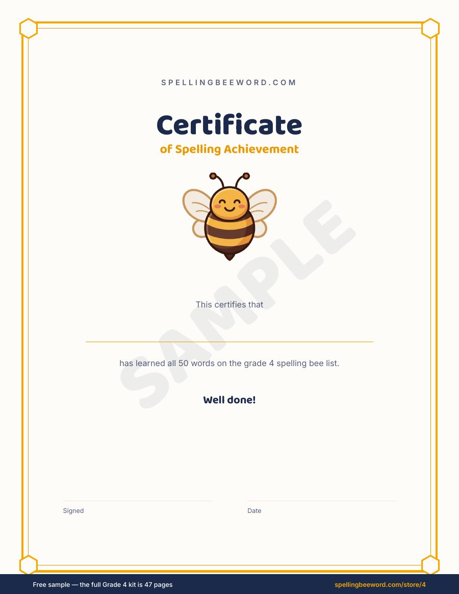 Grade 4 Spelling Bee Kit preview — Award certificate