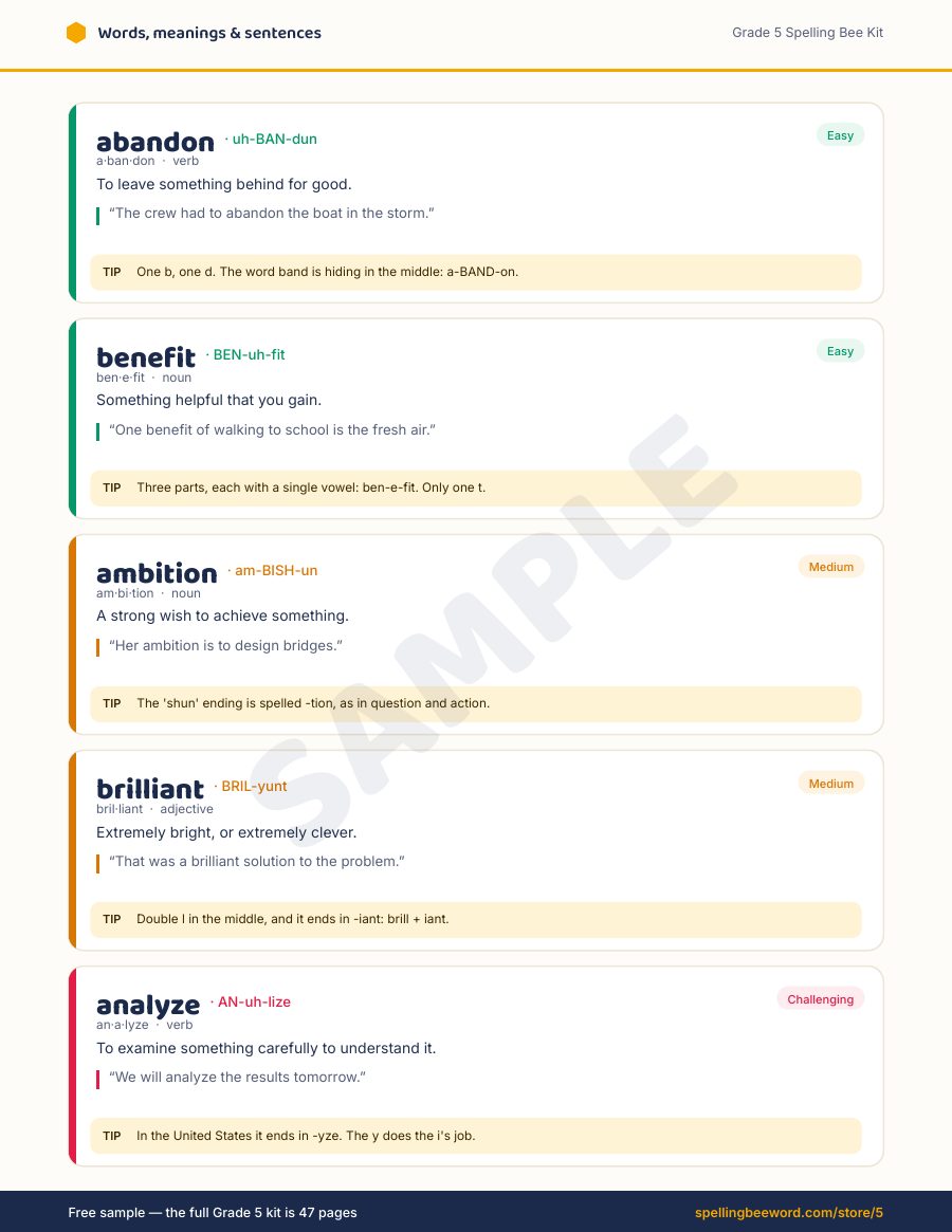 Grade 5 Spelling Bee Kit preview — Every word: meaning, sentence & spelling tip