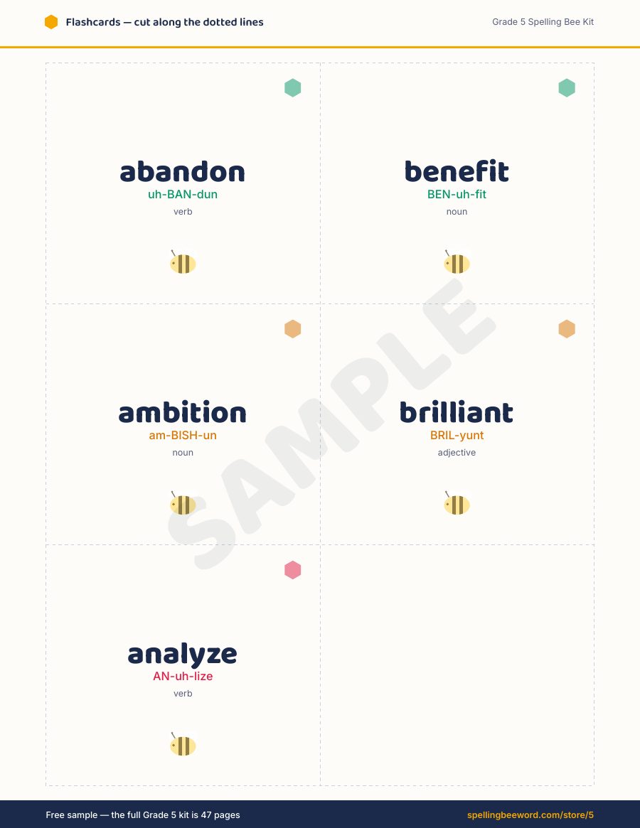 Grade 5 Spelling Bee Kit preview — Cut-out flashcards