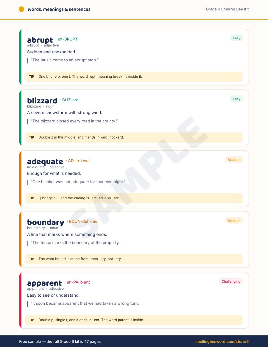 Grade 6 Spelling Bee Kit preview — Every word: meaning, sentence & spelling tip
