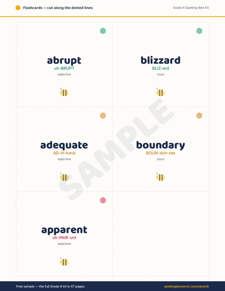 Grade 6 Spelling Bee Kit preview — Cut-out flashcards