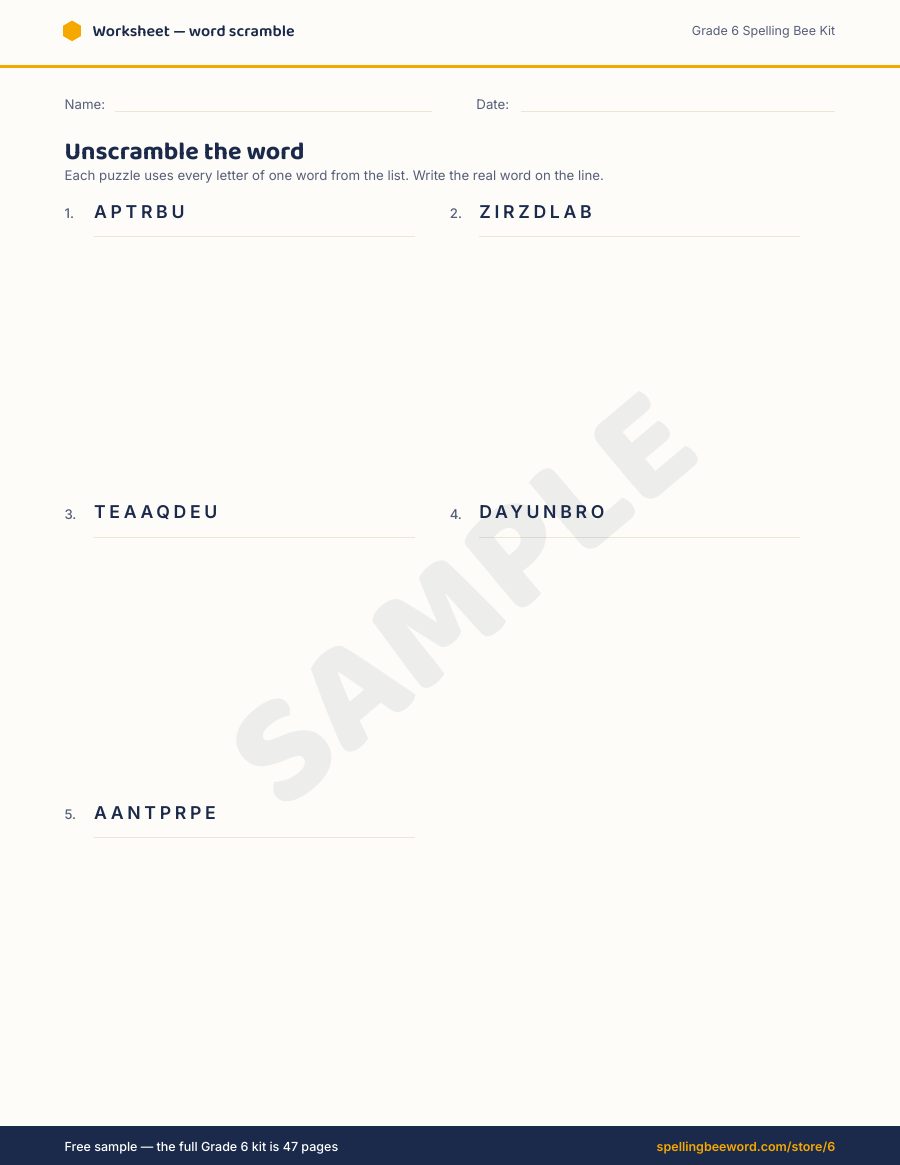 Grade 6 Spelling Bee Kit preview — Word scramble puzzle