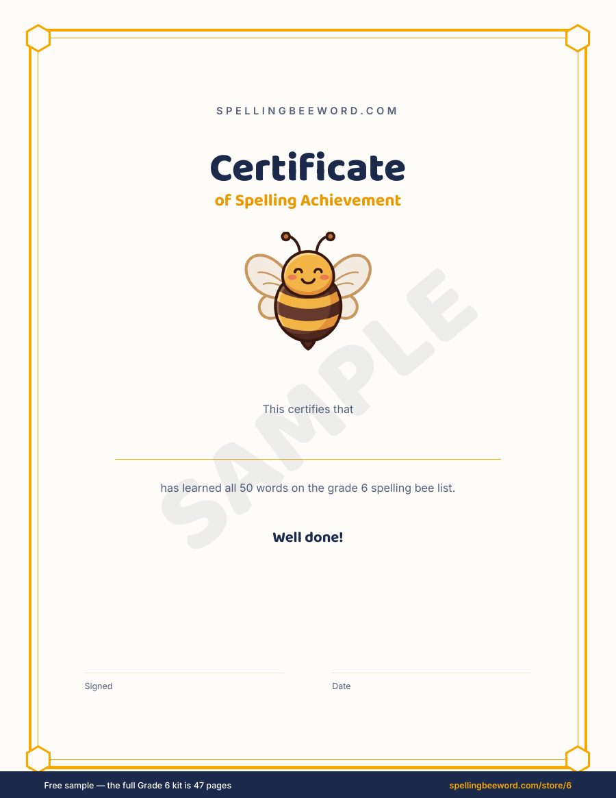 Grade 6 Spelling Bee Kit preview — Award certificate