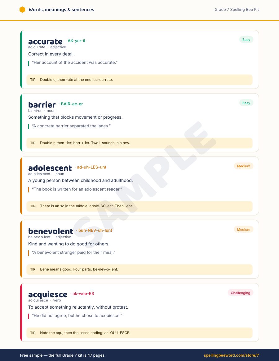 Grade 7 Spelling Bee Kit preview — Every word: meaning, sentence & spelling tip