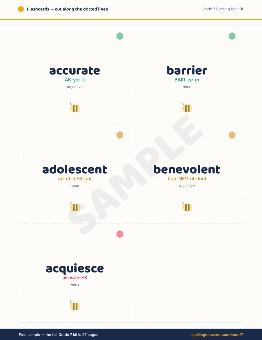 Grade 7 Spelling Bee Kit preview — Cut-out flashcards