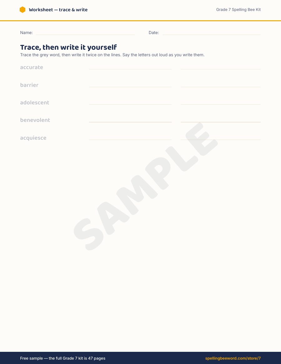 Grade 7 Spelling Bee Kit preview — Trace-and-write worksheet
