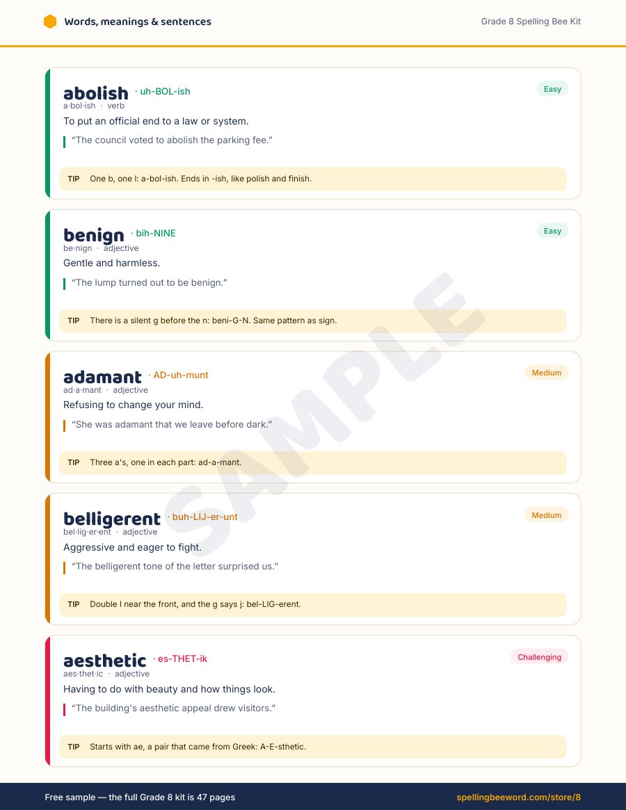 Grade 8 Spelling Bee Kit preview — Every word: meaning, sentence & spelling tip