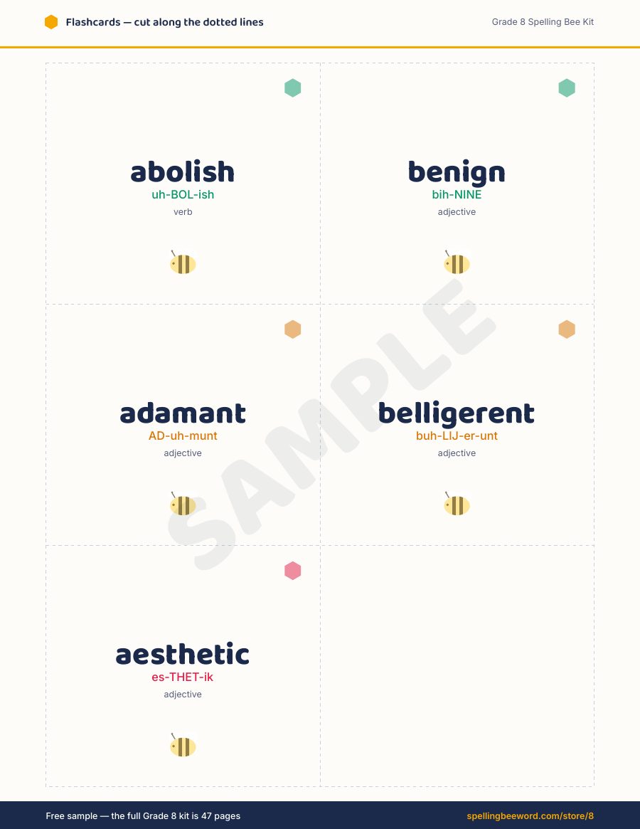 Grade 8 Spelling Bee Kit preview — Cut-out flashcards