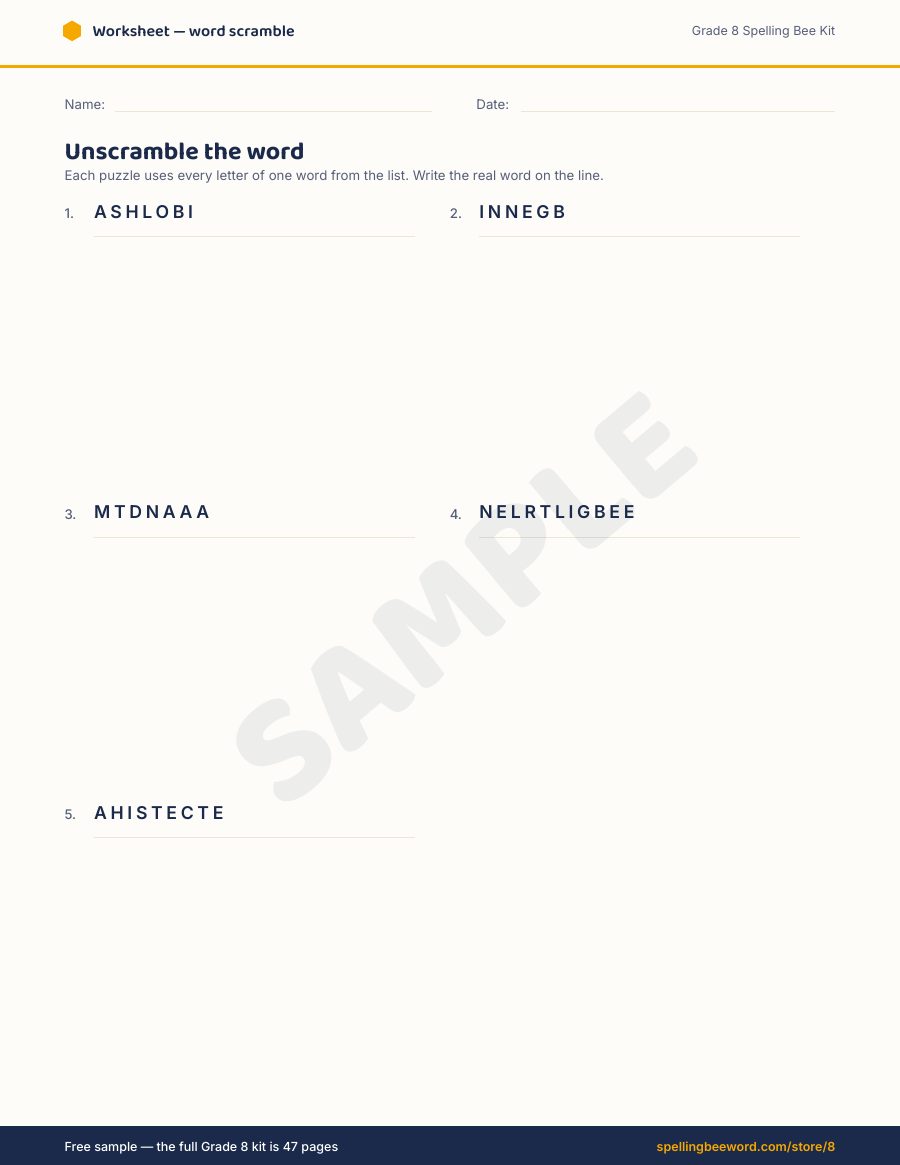 Grade 8 Spelling Bee Kit preview — Word scramble puzzle